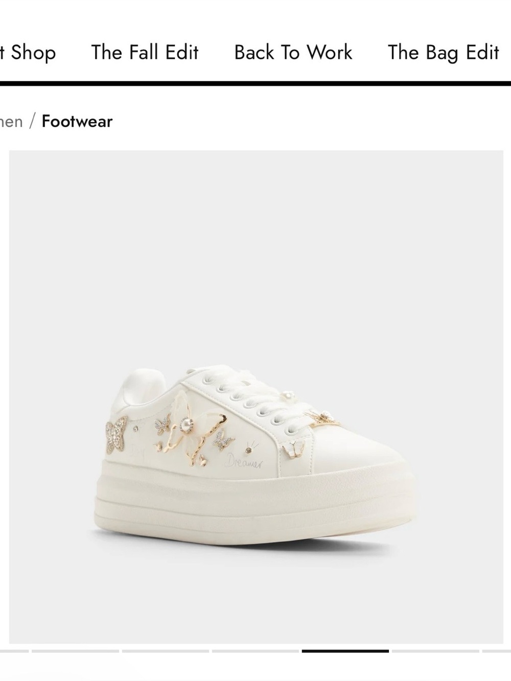 ALDO Pearlwing White Platform Sneakers with Gold Butterfly Embellishments
